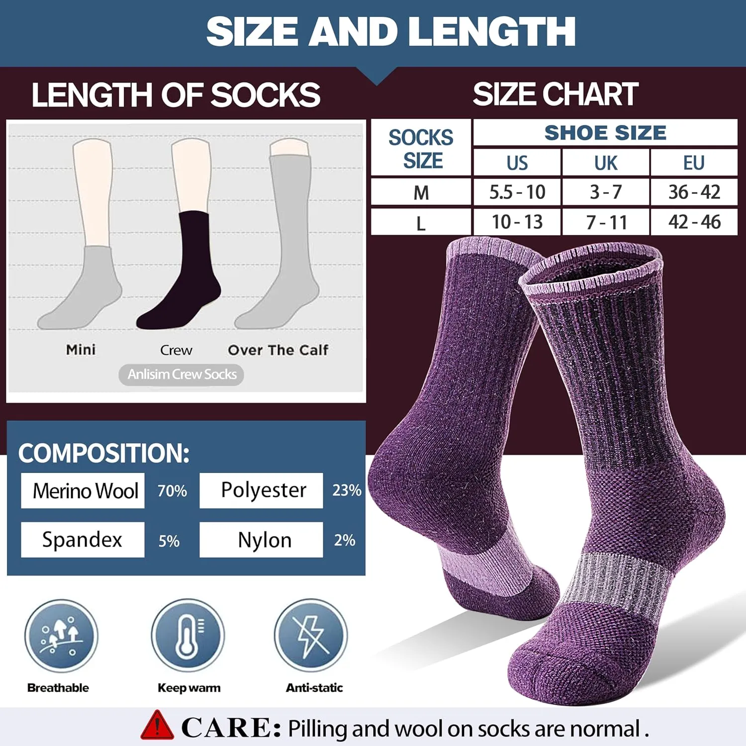 Anlisim Merino Wool Hiking Socks for Women Thermal Winter Warm Boot Work Cushion Socks 5 Pairs