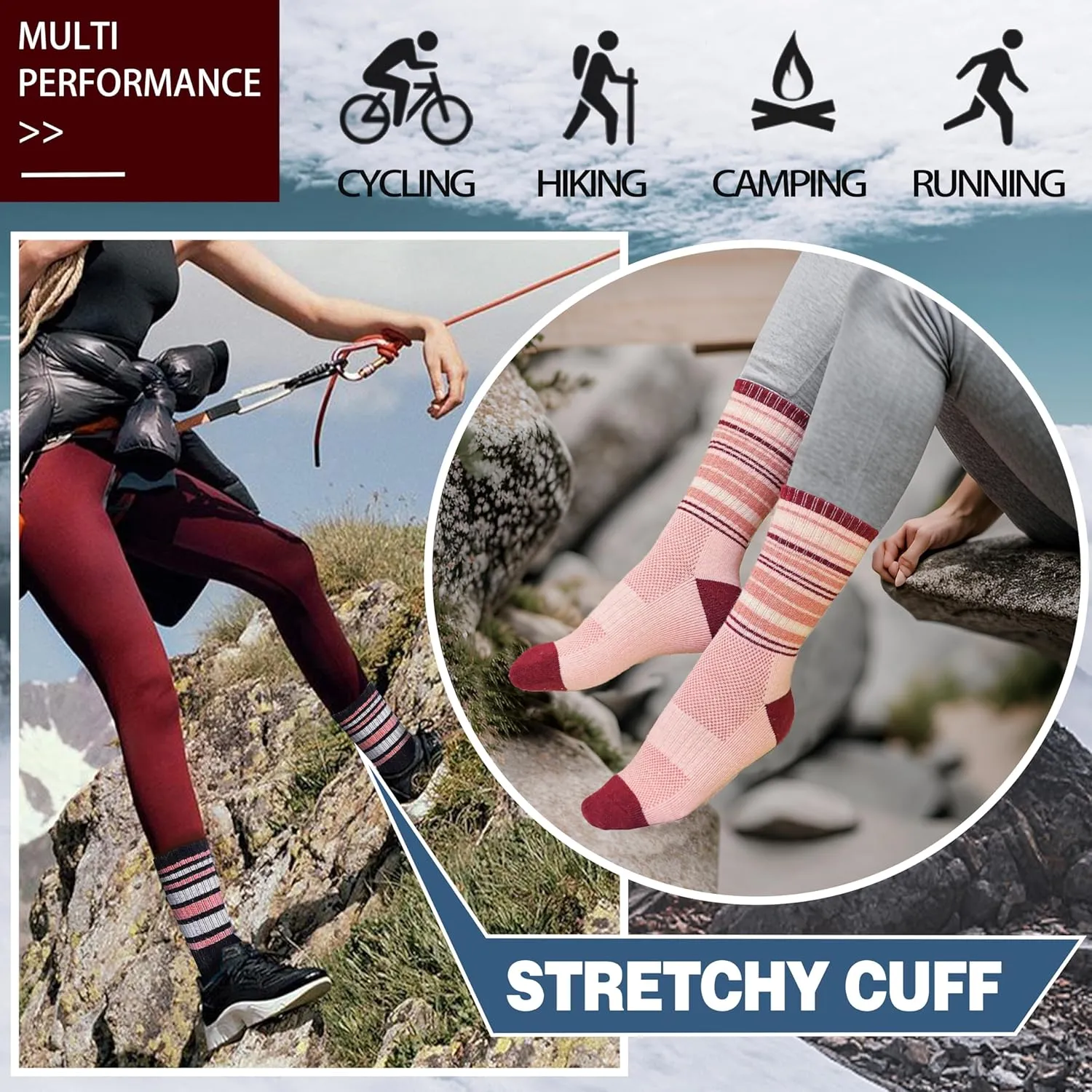 Anlisim Merino Wool Hiking Socks for Women Thermal Winter Warm Boot Work Cushion Socks 5 Pairs