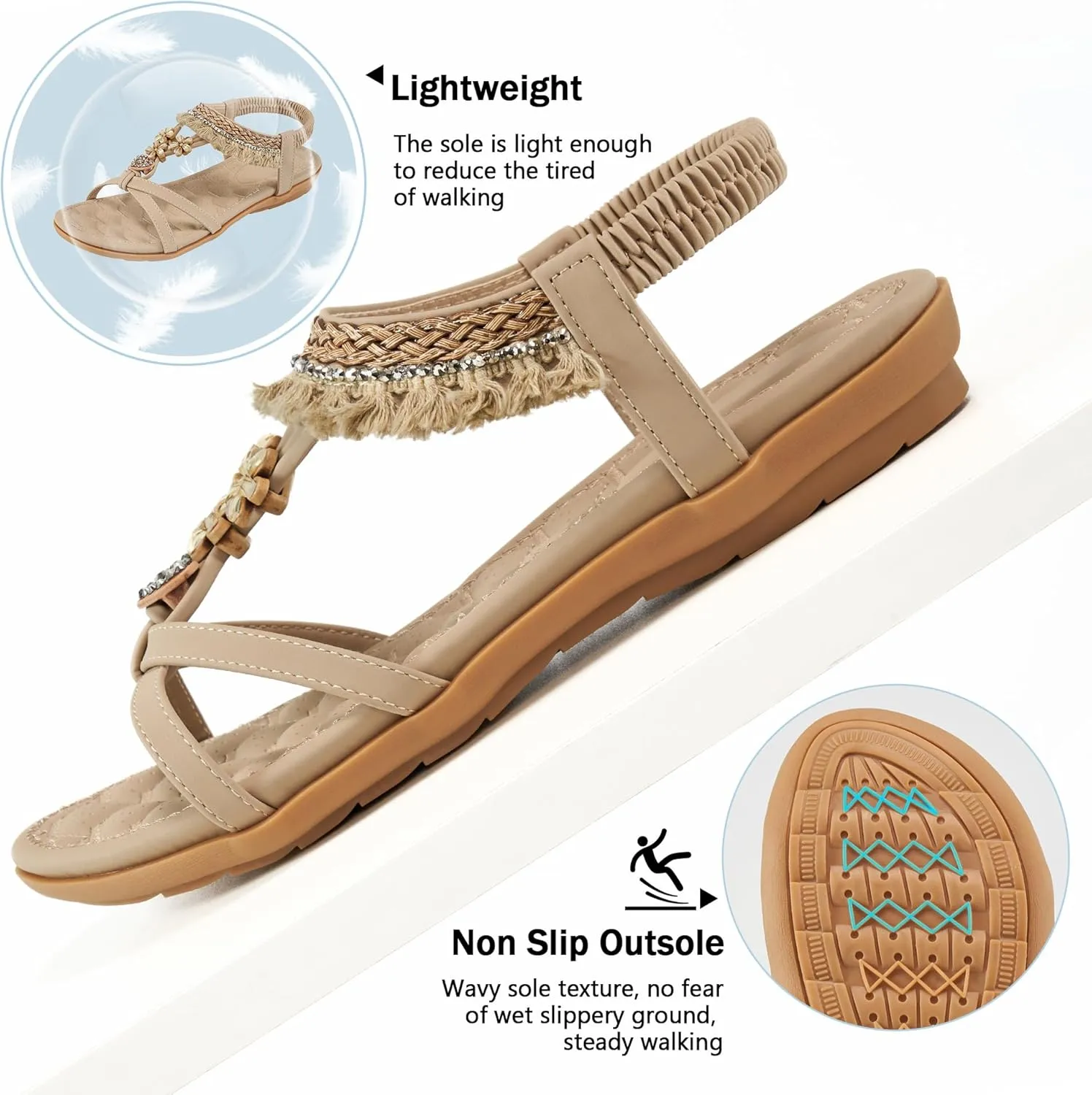 Aomigoct Womens Sandals Flats Shoes: Dressy Summer Flat Sandals for Women Open Toe - Bohemian Casual Beach Shoes Elastic Ankle Strap