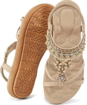 Aomigoct Womens Sandals Flats Shoes: Dressy Summer Flat Sandals for Women Open Toe - Bohemian Casual Beach Shoes Elastic Ankle Strap