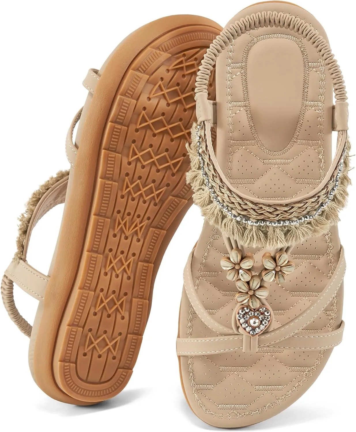 Aomigoct Womens Sandals Flats Shoes: Dressy Summer Flat Sandals for Women Open Toe - Bohemian Casual Beach Shoes Elastic Ankle Strap