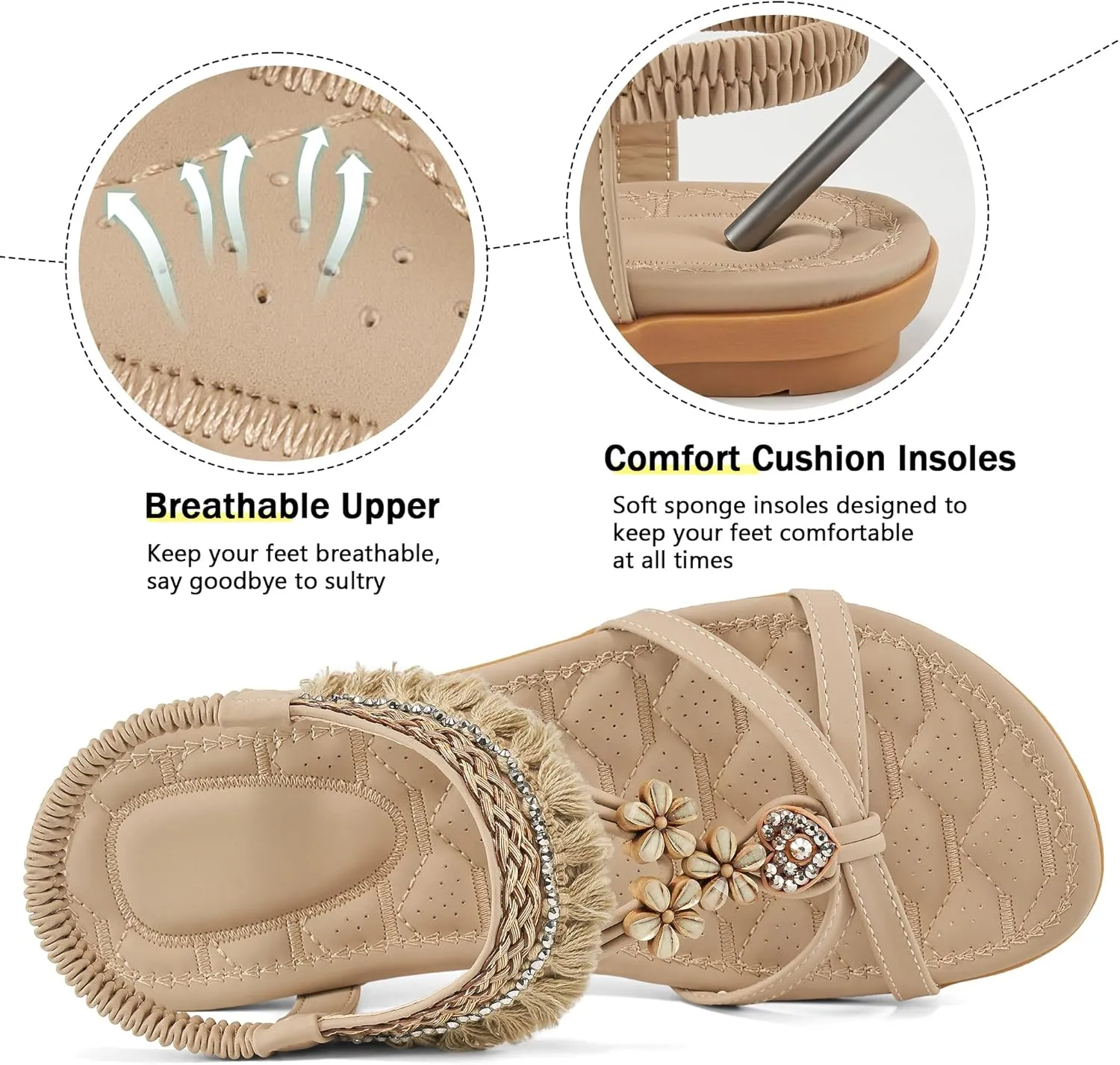 Aomigoct Womens Sandals Flats Shoes: Dressy Summer Flat Sandals for Women Open Toe - Bohemian Casual Beach Shoes Elastic Ankle Strap