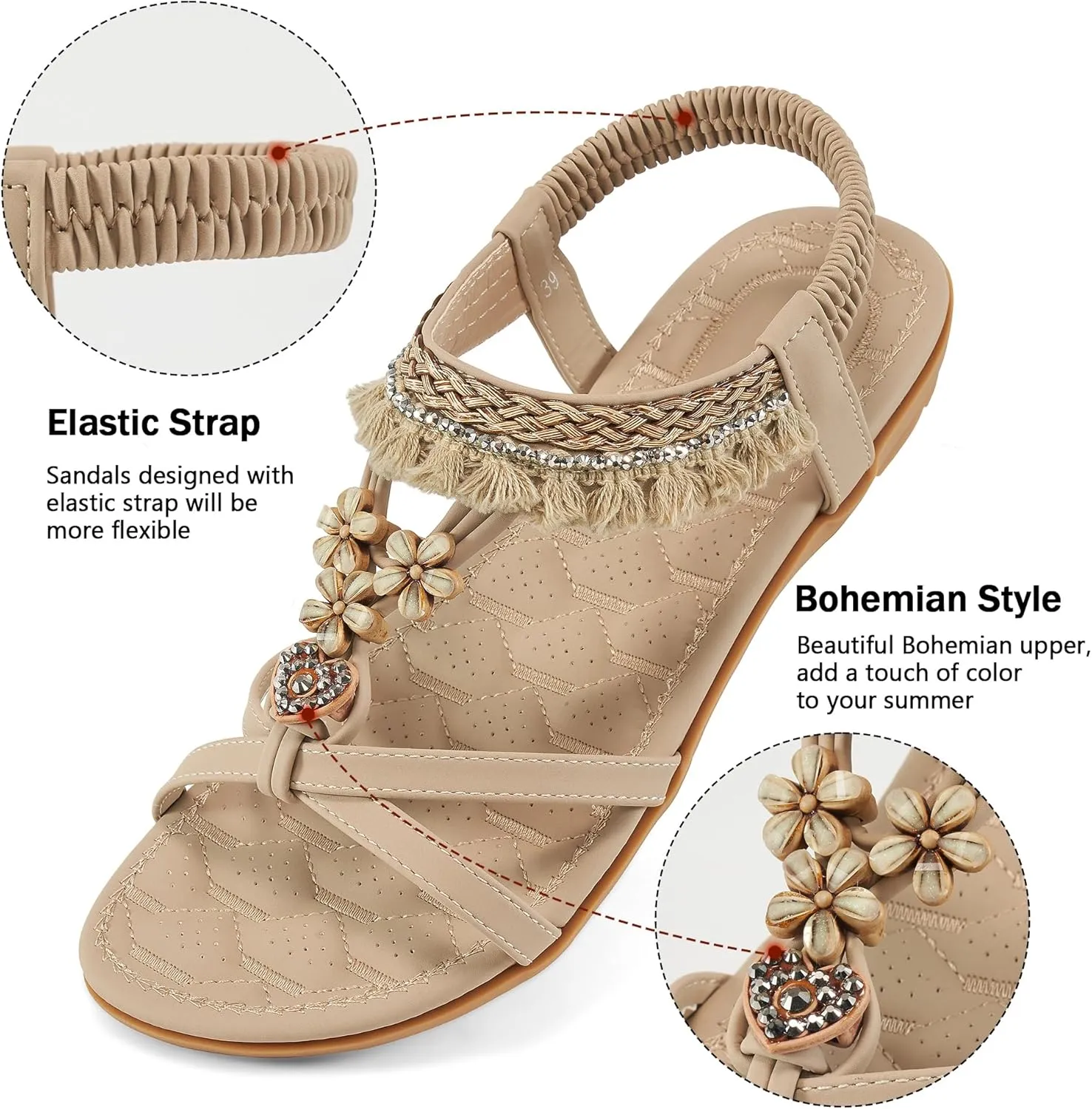 Aomigoct Womens Sandals Flats Shoes: Dressy Summer Flat Sandals for Women Open Toe - Bohemian Casual Beach Shoes Elastic Ankle Strap