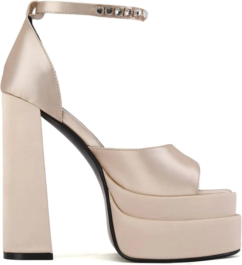 Arqa Platform Sandals Rhinestones Ankle Strap Pumps Peep Toe Silk High Heels Wedding Dres Chunky Heeled Sandal