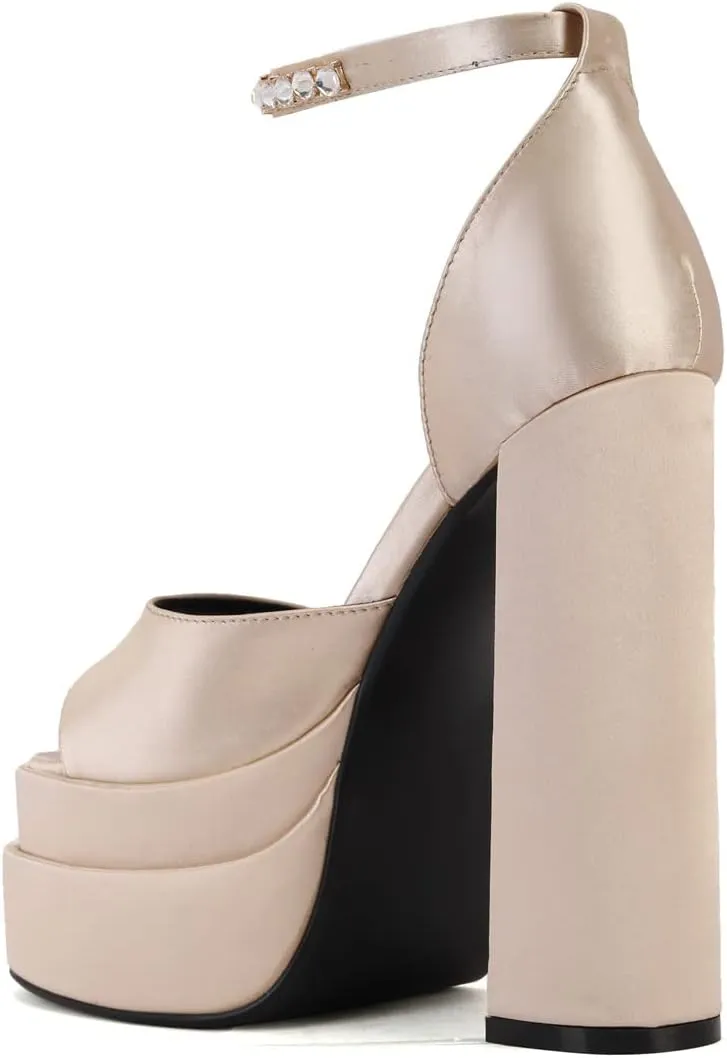 Arqa Platform Sandals Rhinestones Ankle Strap Pumps Peep Toe Silk High Heels Wedding Dres Chunky Heeled Sandal