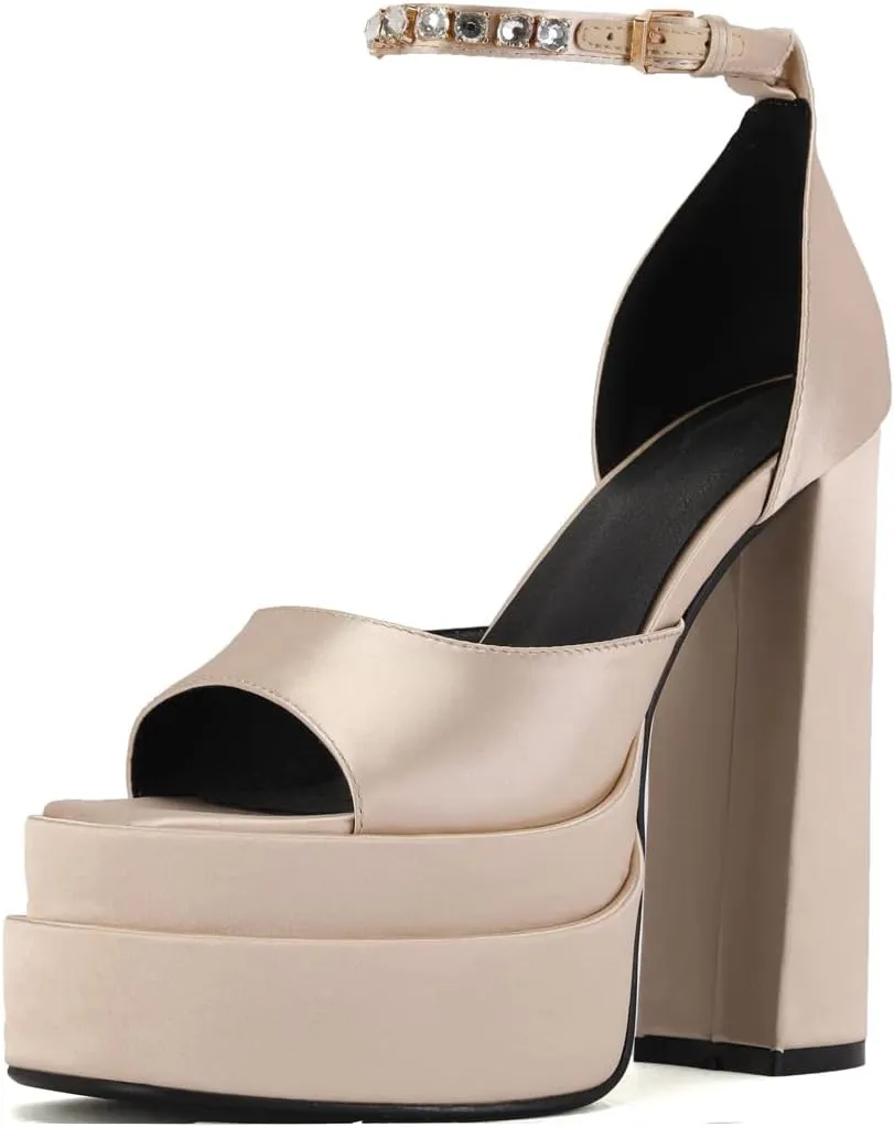 Arqa Platform Sandals Rhinestones Ankle Strap Pumps Peep Toe Silk High Heels Wedding Dres Chunky Heeled Sandal