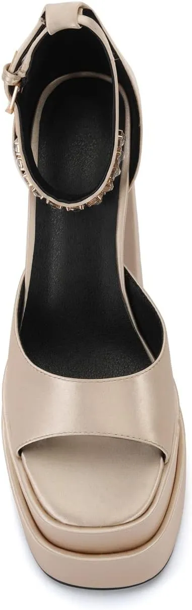 Arqa Platform Sandals Rhinestones Ankle Strap Pumps Peep Toe Silk High Heels Wedding Dres Chunky Heeled Sandal
