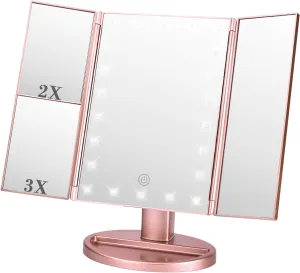 ATOMUS Makeup Mirror with 21 LED Lights 1x/2x/3x Magnification Tri-Fold Vanity Mirror Two Power Supply Modes Touch Dimming &180° Rotation (Rose Gold)