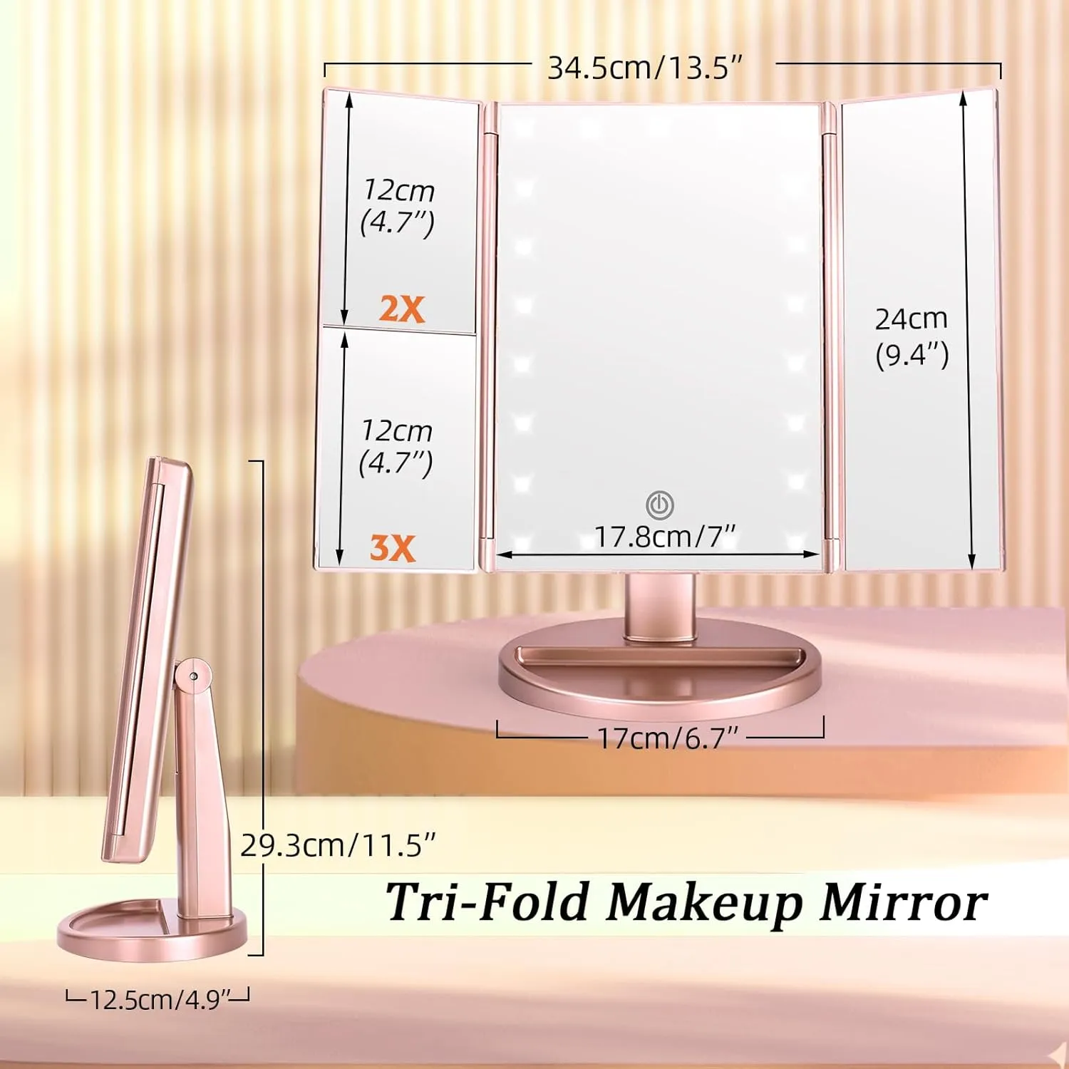 ATOMUS Makeup Mirror with 21 LED Lights 1x/2x/3x Magnification Tri-Fold Vanity Mirror Two Power Supply Modes Touch Dimming &180° Rotation (Rose Gold)