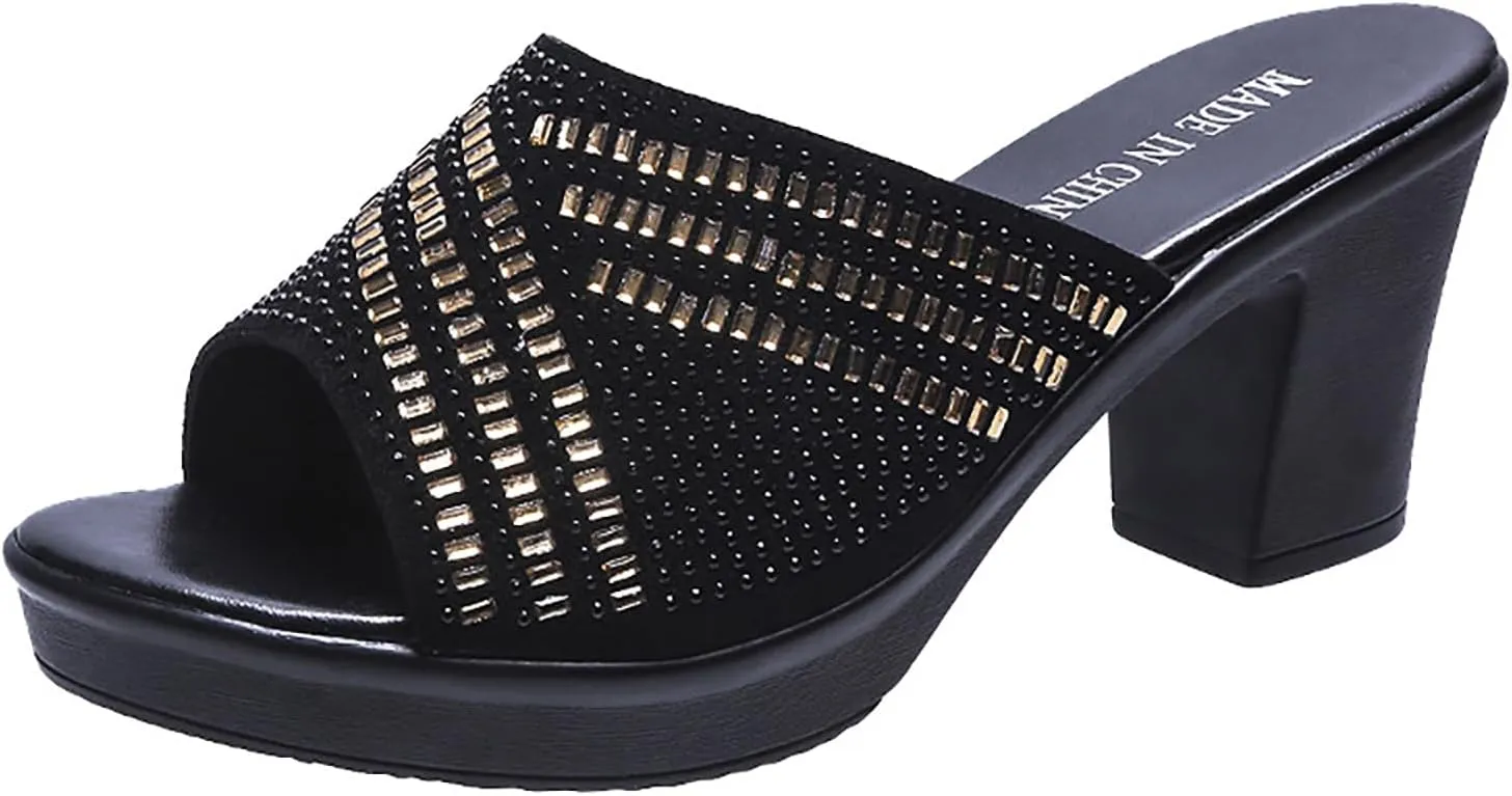 AUNTHUI Women's Rhinestones Platform Block Heel Sandals,Slip On Sparkling Crystal Wedge Sandals,Summer Fashion Party Dress Sandals,Open Toe Fish Toe High Heels