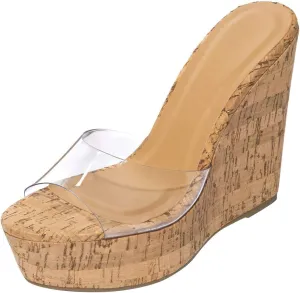 BAMBOO Women's Lucite Clear Wedge Heel Open Toe Slip On Mule Dress Shoe
