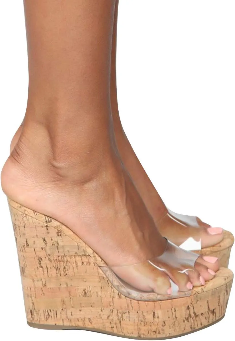 BAMBOO Women's Lucite Clear Wedge Heel Open Toe Slip On Mule Dress Shoe