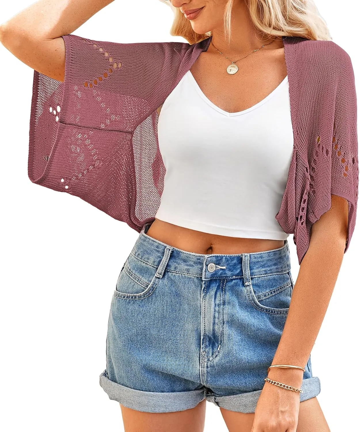 BB&KK Women's Summer Crochet Cardigans Hollow-Out Batwing Short Sleeve Lightweight Open Front Shrug Bolero Sweaters