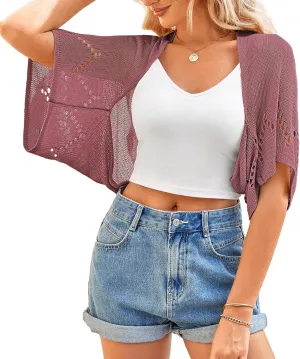 BB&KK Women's Summer Crochet Cardigans Hollow-Out Batwing Short Sleeve Lightweight Open Front Shrug Bolero Sweaters