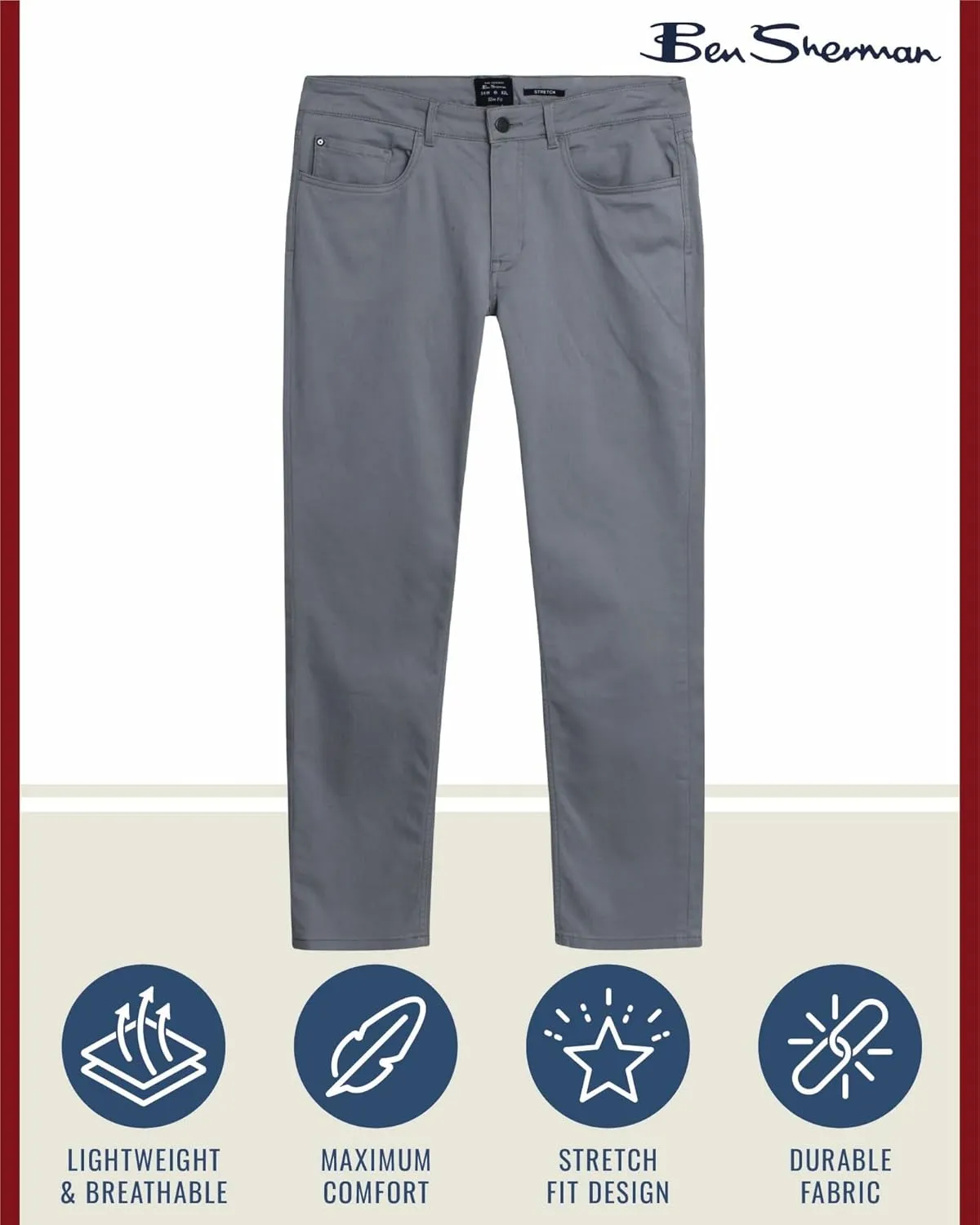 Ben Sherman Men's Pants - Lightweight Comfortable Stretch Fit Flat Front Casual Dress Pants - Chino Pants for Men