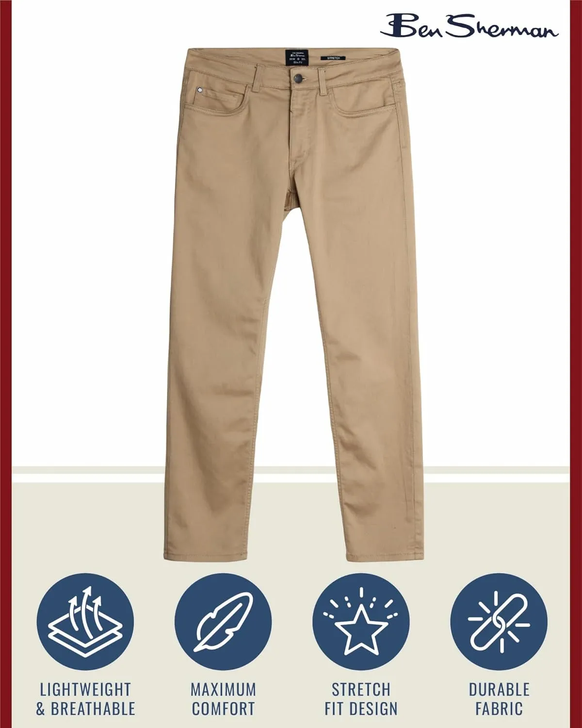Ben Sherman Men's Pants - Lightweight Comfortable Stretch Fit Flat Front Casual Dress Pants - Chino Pants for Men