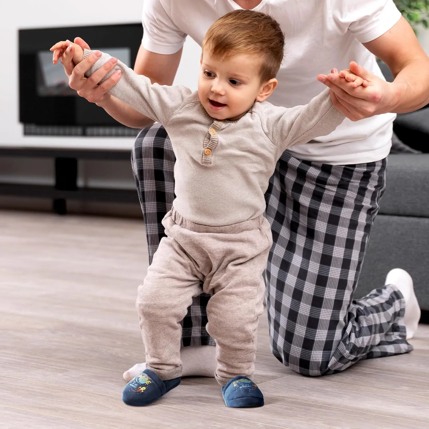 Bigwow Toddler Boys Girls Slippers Rocket Print Non-Slip Fuzzy Slip Ons Slipper for Little Kids Cozy Indoor House Shoes