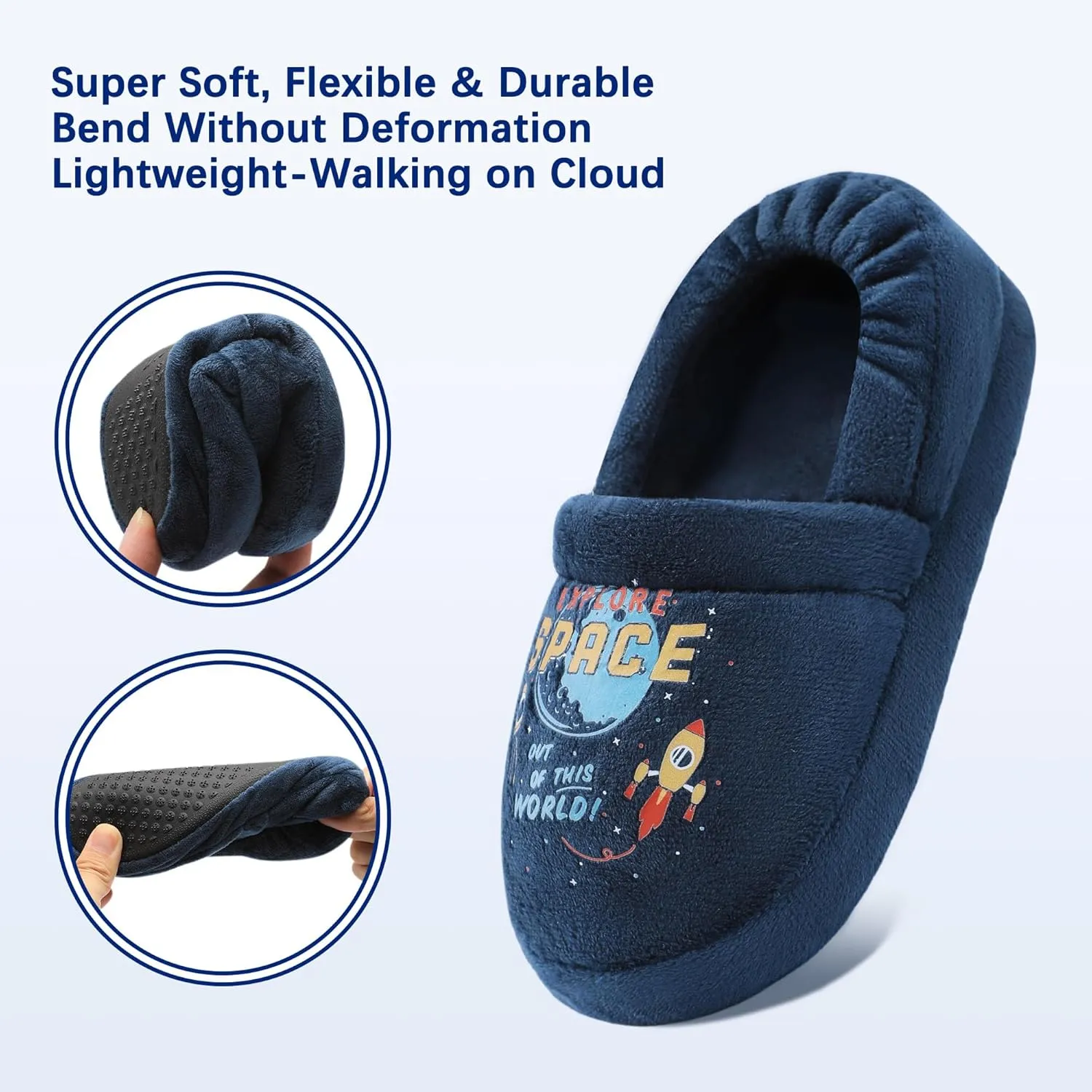 Bigwow Toddler Boys Girls Slippers Rocket Print Non-Slip Fuzzy Slip Ons Slipper for Little Kids Cozy Indoor House Shoes