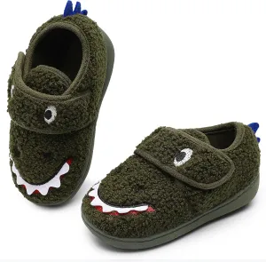 Bigwow Toddler Boys Slippers Cartoon Shark Fuzzy Slip On Little Kid Non-Slip Adjustable Hook and Loop Slipper Warm Indoor House Shoes