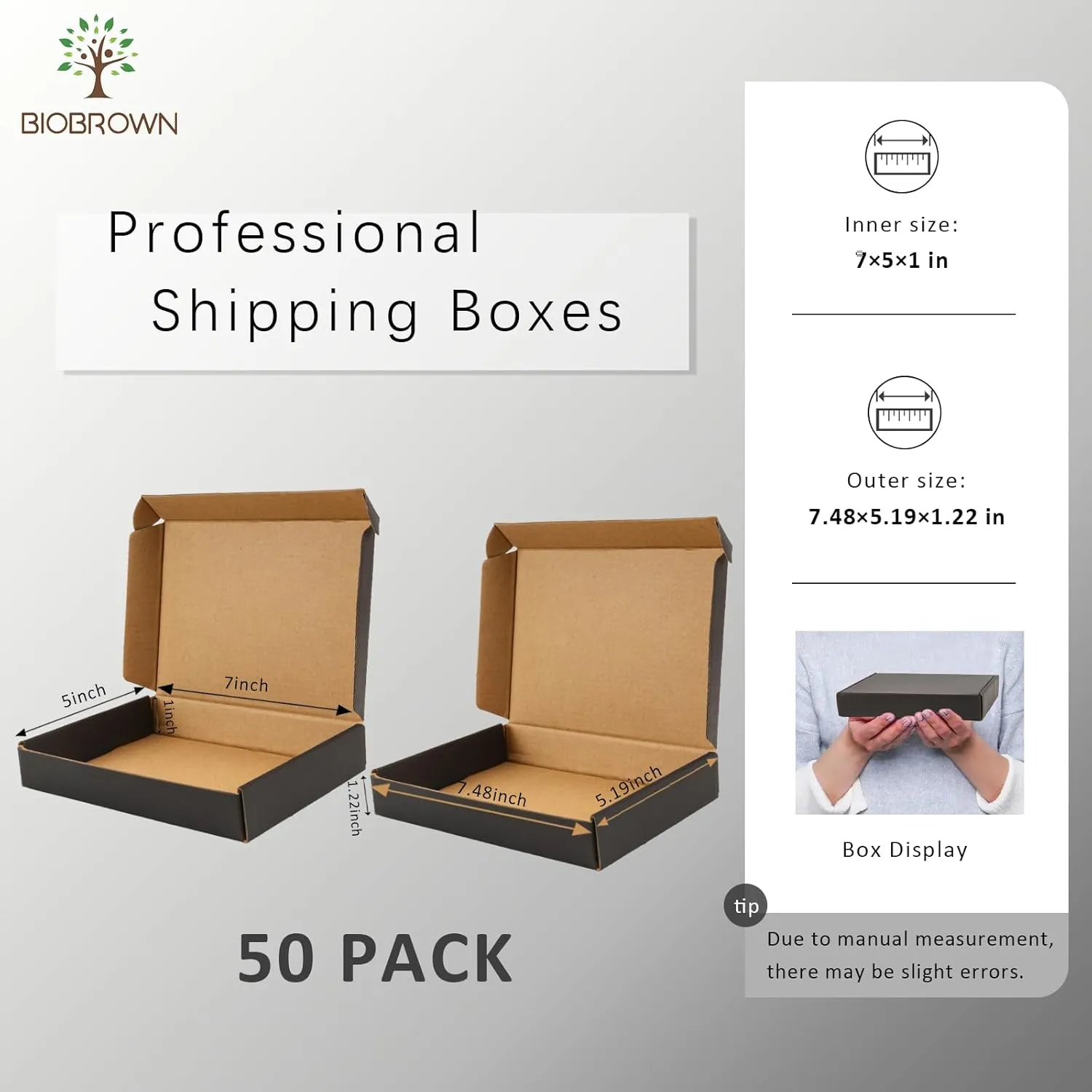 BIOBROWN 7x5x1" Small Shipping Boxes 50 Pack, Black Corrugated Cardboard Mailer Boxes Bulk for Packaging Small Business Mailing Gift