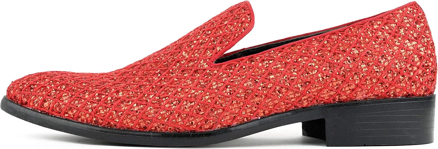 Bolano Sarlo Men's Dress Shoes, Black Glitter Loafer for Prom, Metallic Tuxedo Slip-on