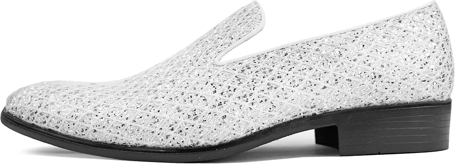 Bolano Sarlo Men's Dress Shoes, Black Glitter Loafer for Prom, Metallic Tuxedo Slip-on