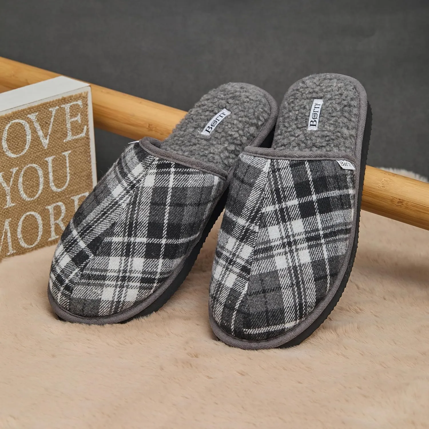 BORN Quilted Corduroy or Plaid Mens Slippers, Fleece or Sherpa-Lined House Slippers for Men, Gifts for Him