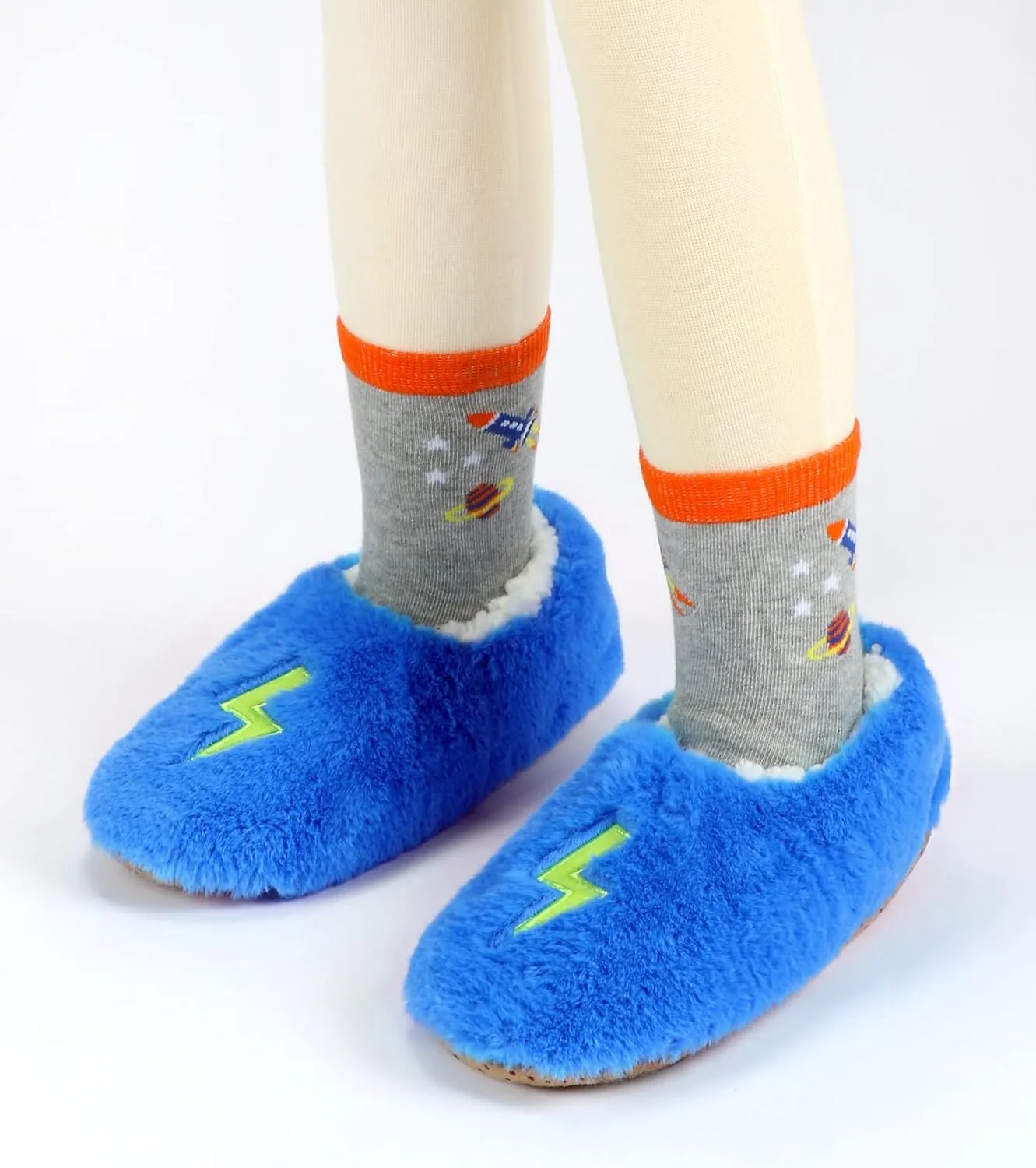 Boys House Slippers With Non Skid Bottoms, Cute Animal Slipper Socks With Grippers For Big Kids, Cozy Soft Sole Warm Fuzzy House Shoes