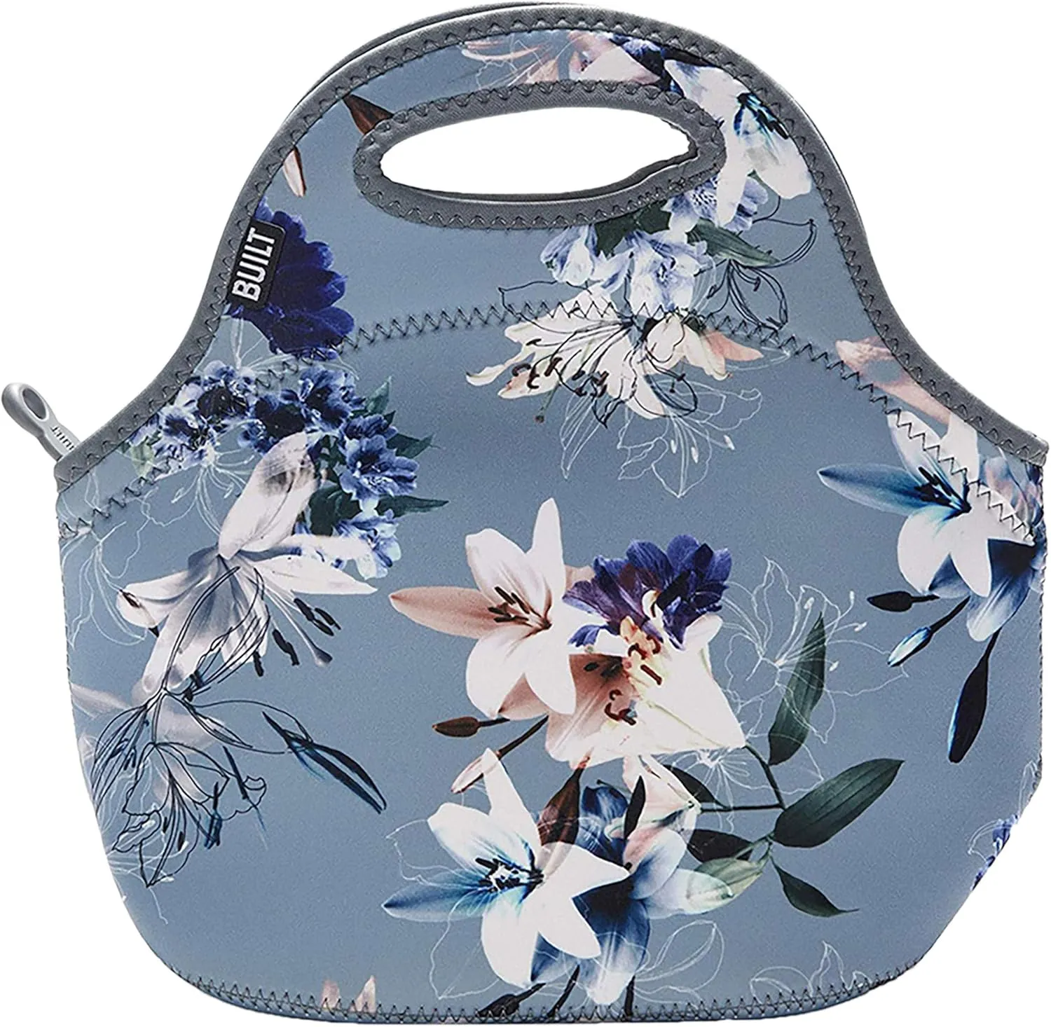 Built Gourmet Getaway Neoprene Lunch Bag - Insulated, Reusable, & Machine-Washable Lunch Tote for Hot and Cold Food Storage, Lightweight & Reusable - One Size (Pewter Lily)