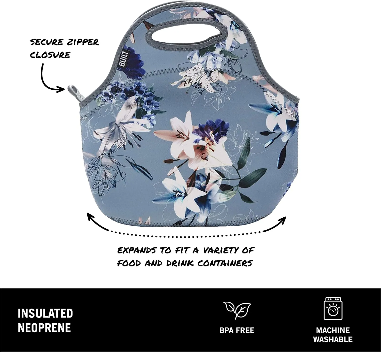 Built Gourmet Getaway Neoprene Lunch Bag - Insulated, Reusable, & Machine-Washable Lunch Tote for Hot and Cold Food Storage, Lightweight & Reusable - One Size (Pewter Lily)