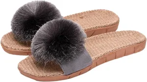 Caistre Women's House Slippers Open Toe Linen Flat Slide Sandals Fluffy Pompom Cozy Flat Slippers Sandals Non-Slip Home Shoes 2025