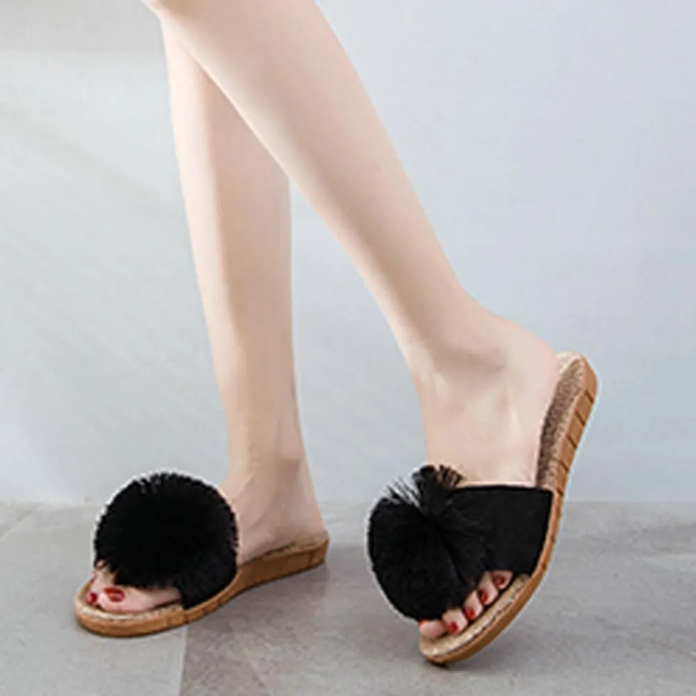 Caistre Women's House Slippers Open Toe Linen Flat Slide Sandals Fluffy Pompom Cozy Flat Slippers Sandals Non-Slip Home Shoes 2025