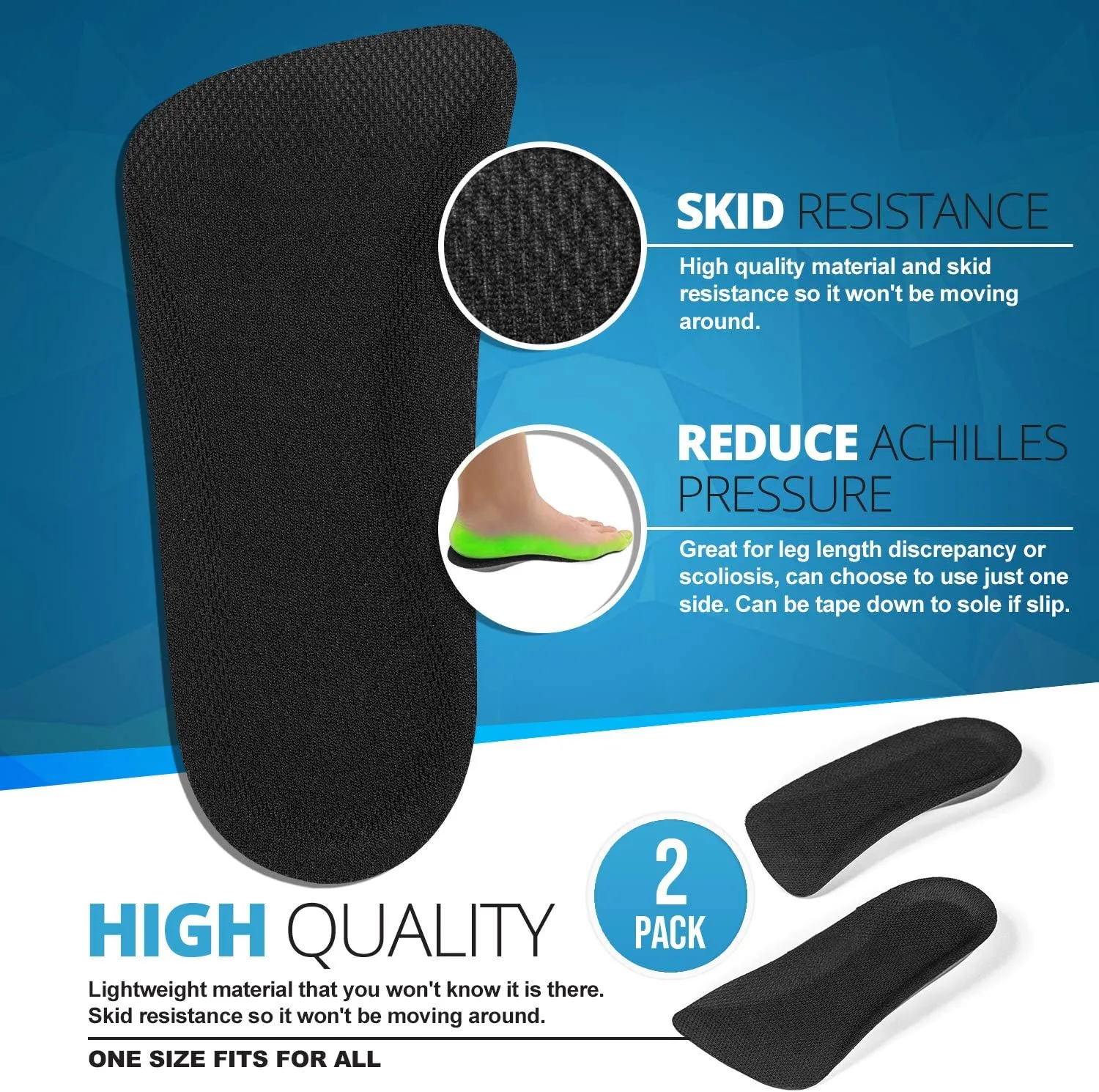 CALTO Half Elevator Insole for Men - 1/2 Inch Height Increase Taller Heel Lift Insert (2 Pack) Black