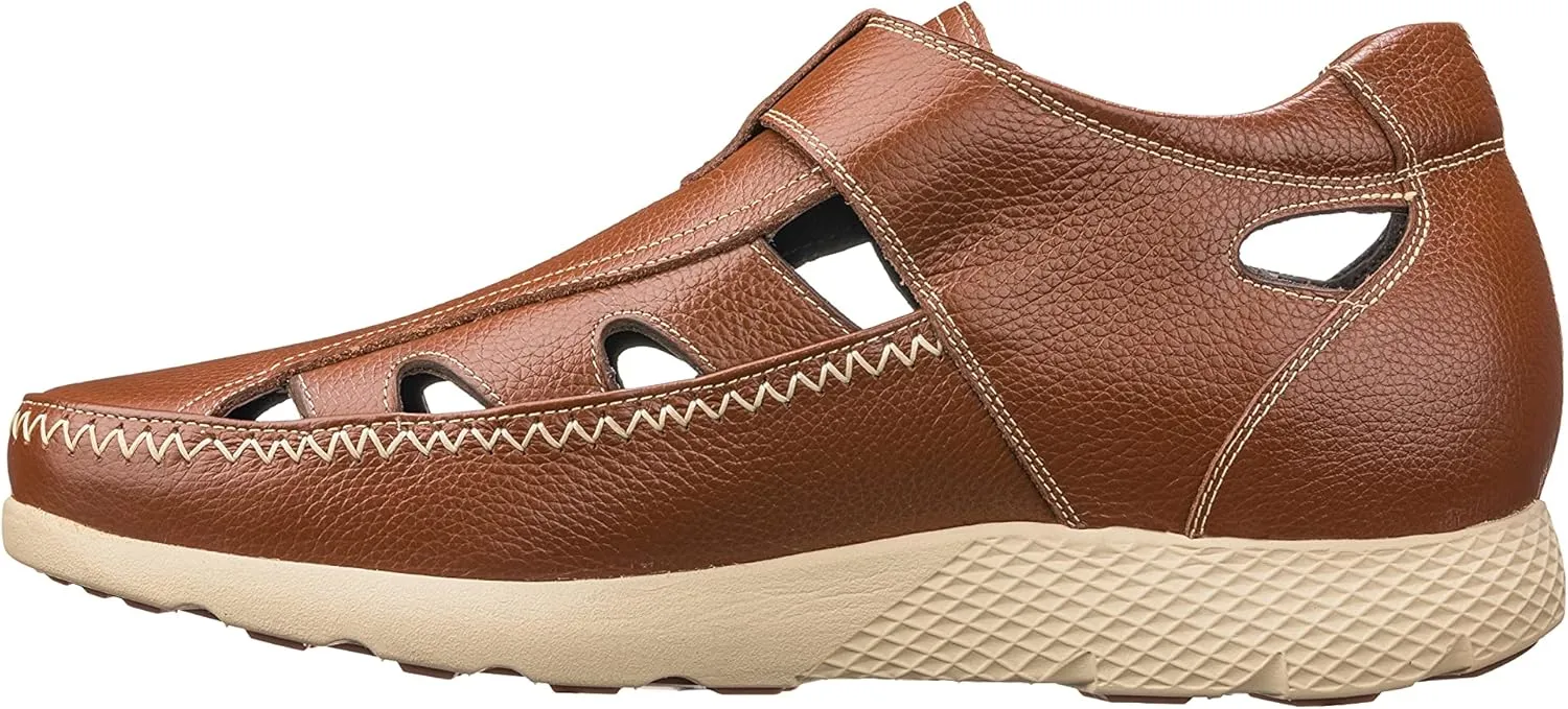 CALTO Men's Invisible Height Increasing Elevator Shoes - Brown Premium Leather Lightweight Fisherman Sandals - 2.8 Inches Taller - K2133 - Size 10 D(M) US