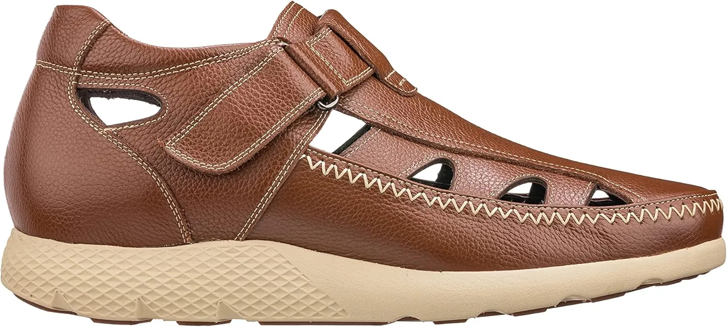 CALTO Men's Invisible Height Increasing Elevator Shoes - Brown Premium Leather Lightweight Fisherman Sandals - 2.8 Inches Taller - K2133 - Size 10 D(M) US