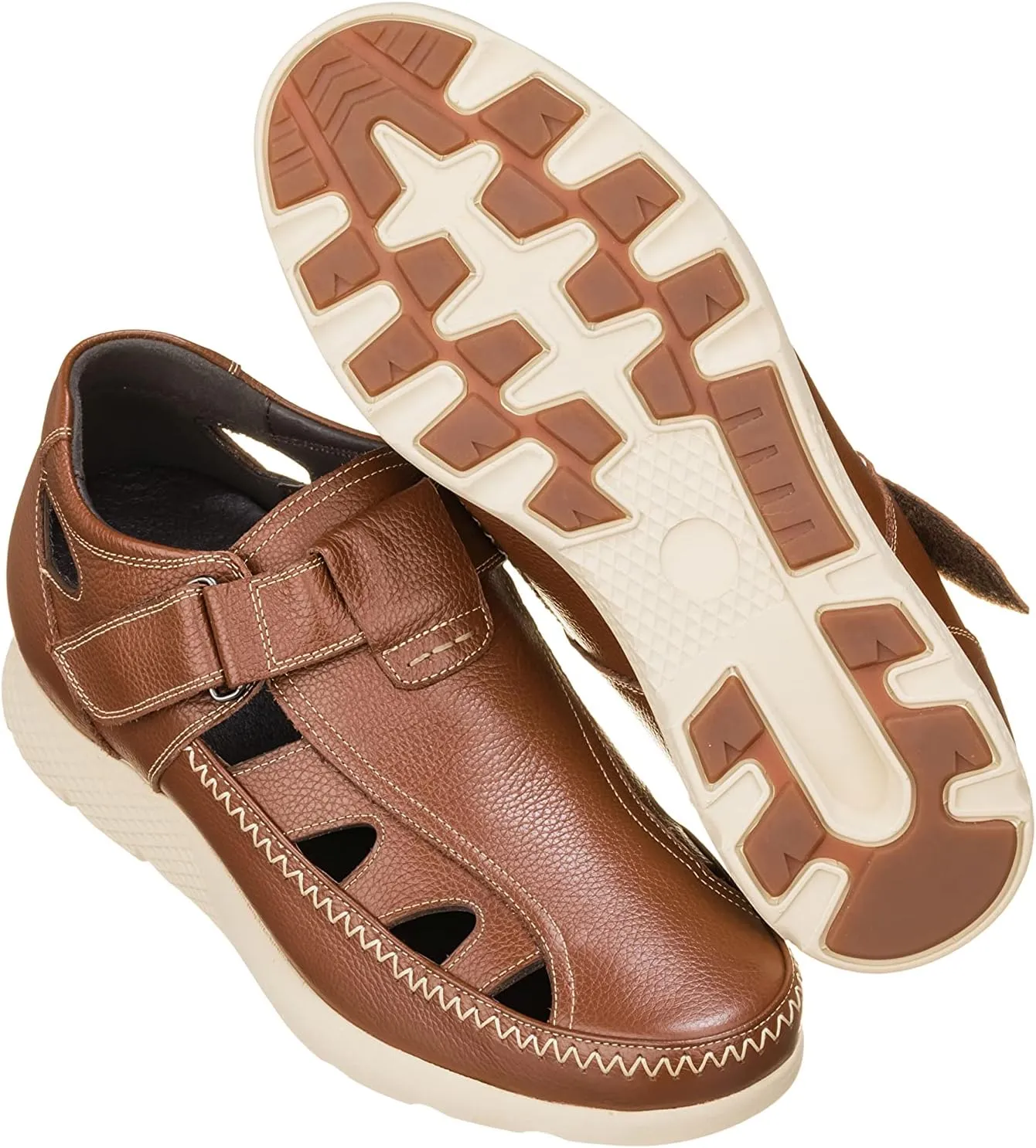 CALTO Men's Invisible Height Increasing Elevator Shoes - Brown Premium Leather Lightweight Fisherman Sandals - 2.8 Inches Taller - K2133 - Size 10 D(M) US