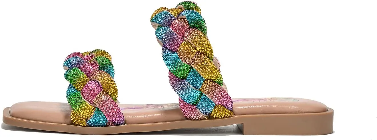 Cape Robbin Women's Slip-On Flat Sandals - Rhinestone-Embellished Braided Upper (Mana)