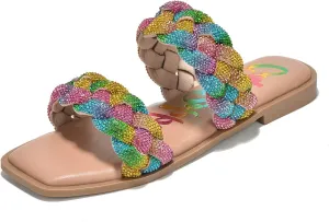 Cape Robbin Women's Slip-On Flat Sandals - Rhinestone-Embellished Braided Upper (Mana)
