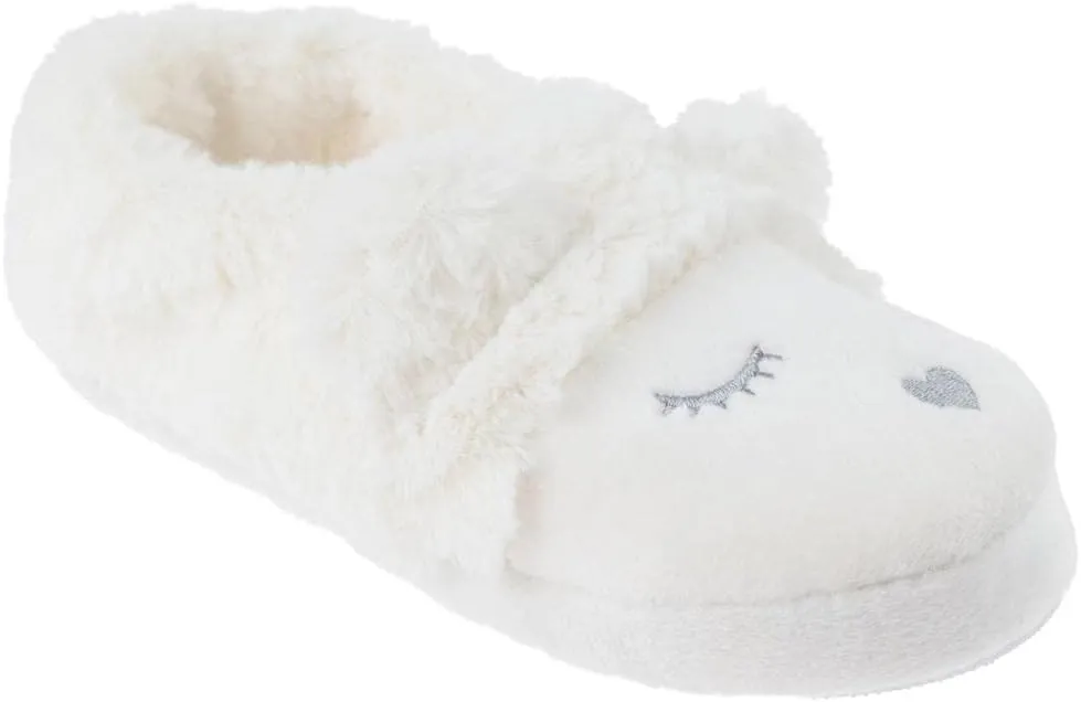 Capelli New York Ladies Bear Faux Fur and Soft Boa Moccasin Slipper with Embroidery, 3D Parts, and Faux Fur Lining, Ivory, S (6/7)