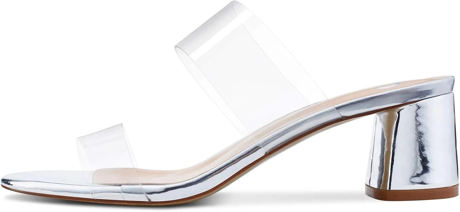 Castamere Womens Chunky Block Mid Heels Sandals Slip On Transparent Ankle Strap Open Toe 5CM Heeled Sandal