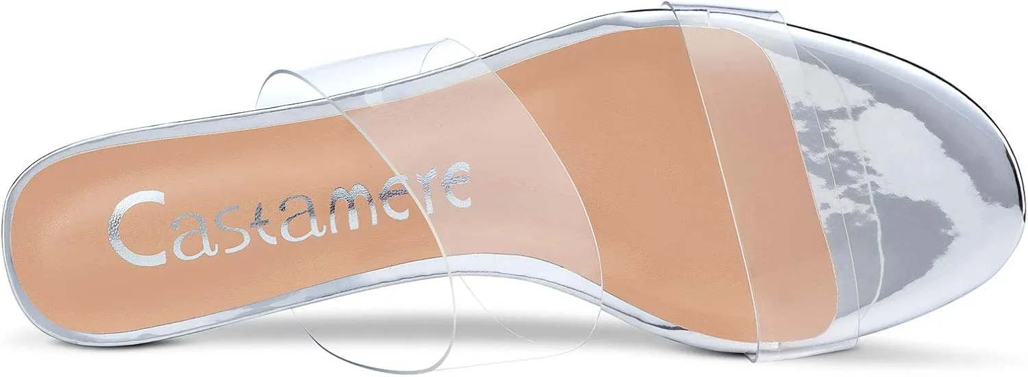Castamere Womens Chunky Block Mid Heels Sandals Slip On Transparent Ankle Strap Open Toe 5CM Heeled Sandal