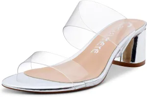 Castamere Womens Chunky Block Mid Heels Sandals Slip On Transparent Ankle Strap Open Toe 5CM Heeled Sandal