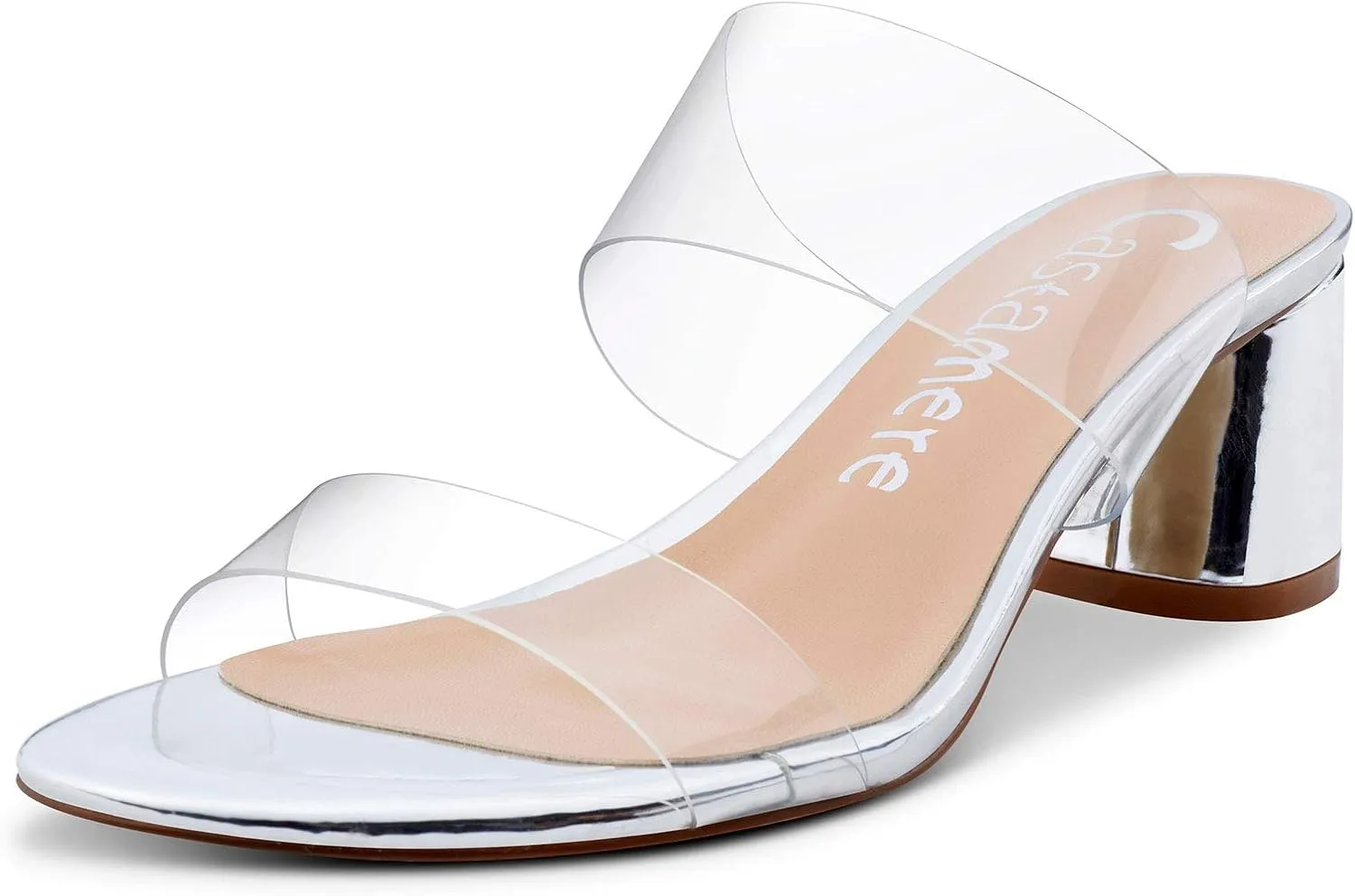 Castamere Womens Chunky Block Mid Heels Sandals Slip On Transparent Ankle Strap Open Toe 5CM Heeled Sandal