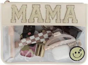 Chenille letter clear flat zipper pouch for travel, preppy makeup bag for girls, nylon cosmetic bag, aesthetic makeup bag (MAMA)