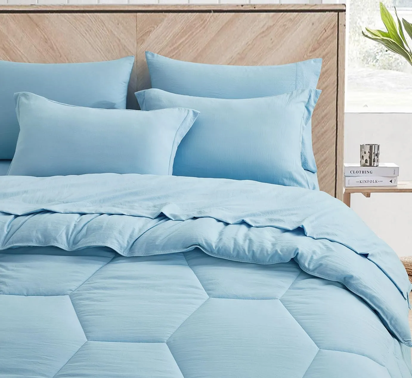 Chezmoi Collection Piper Bed in a Bag King 7-Pieces Chambray Blue Honeycomb Geometric Hexagon Quilted Stone Washed Microfiber Comforter with Sheets Lightweight All Season Bedding Set
