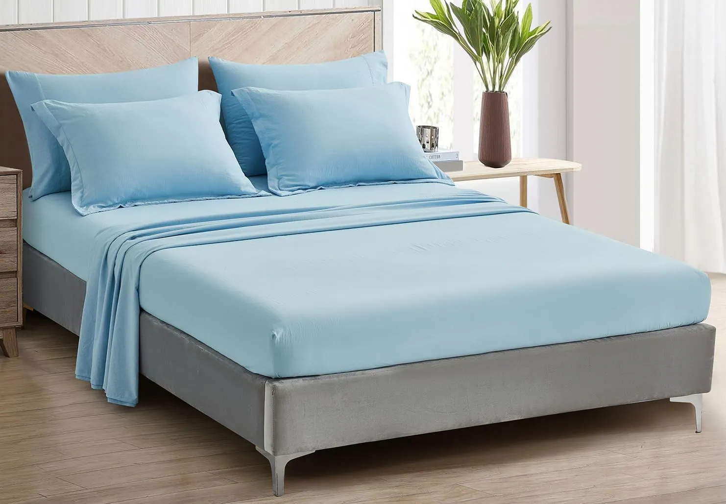 Chezmoi Collection Piper Bed in a Bag King 7-Pieces Chambray Blue Honeycomb Geometric Hexagon Quilted Stone Washed Microfiber Comforter with Sheets Lightweight All Season Bedding Set