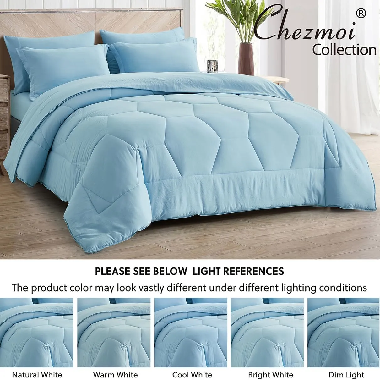 Chezmoi Collection Piper Bed in a Bag King 7-Pieces Chambray Blue Honeycomb Geometric Hexagon Quilted Stone Washed Microfiber Comforter with Sheets Lightweight All Season Bedding Set