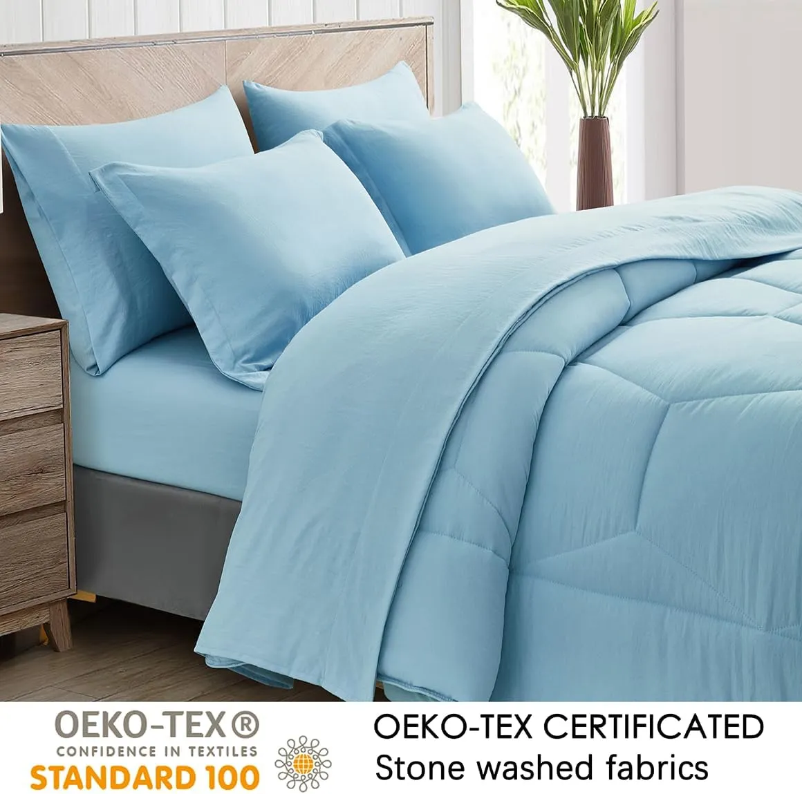 Chezmoi Collection Piper Bed in a Bag King 7-Pieces Chambray Blue Honeycomb Geometric Hexagon Quilted Stone Washed Microfiber Comforter with Sheets Lightweight All Season Bedding Set