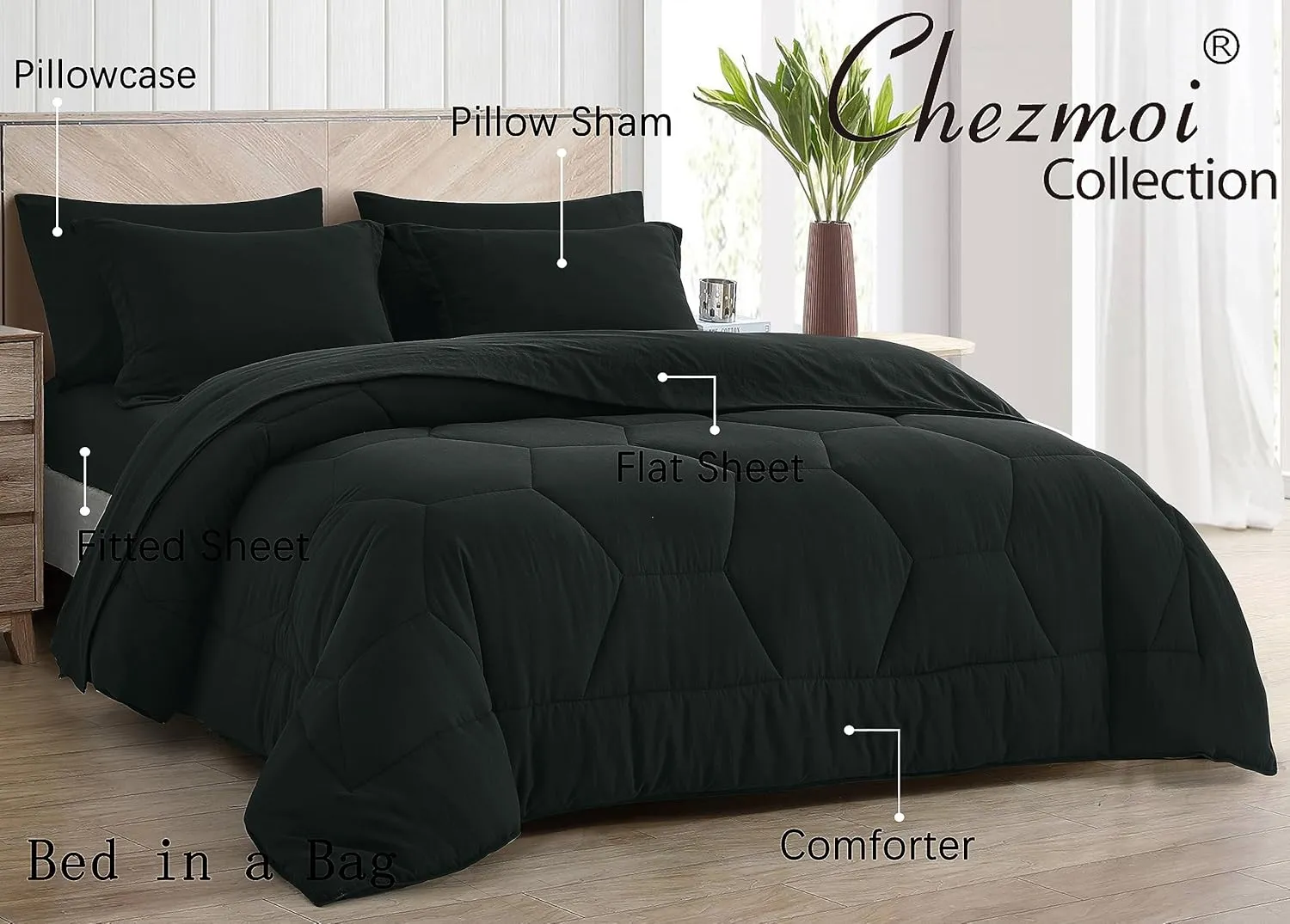 Chezmoi Collection Piper King Bed in a Bag 7-Pieces Honeycomb Geometric Hexagon Quilted Stone Washed Microfiber Comforter with Sheets Lightweight All Season Bedding Set (King, Black)