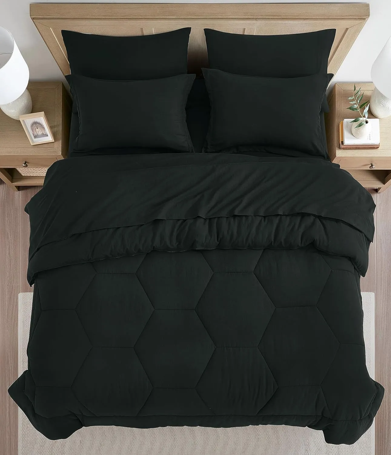 Chezmoi Collection Piper King Bed in a Bag 7-Pieces Honeycomb Geometric Hexagon Quilted Stone Washed Microfiber Comforter with Sheets Lightweight All Season Bedding Set (King, Black)